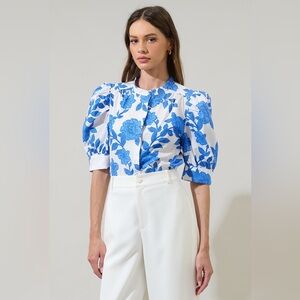 Sugarlips Glantis Floral Klina Drape Sleeve Blue Floral Blouse Size L Cotton